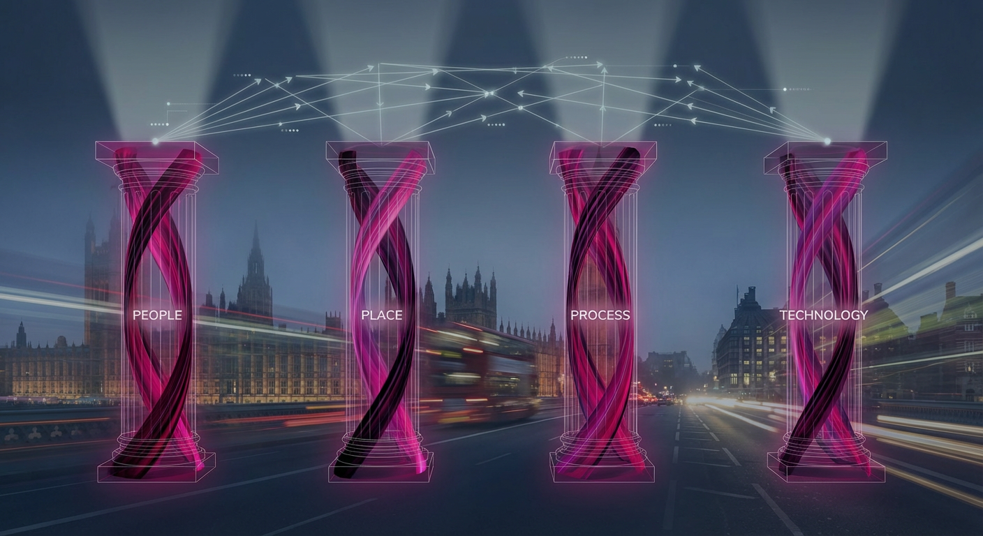 Four pillars of facility management - interconnected architectural concept