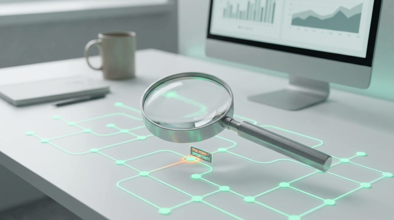 Identifying high-impact AI opportunities with a magnifying glass over a flowchart