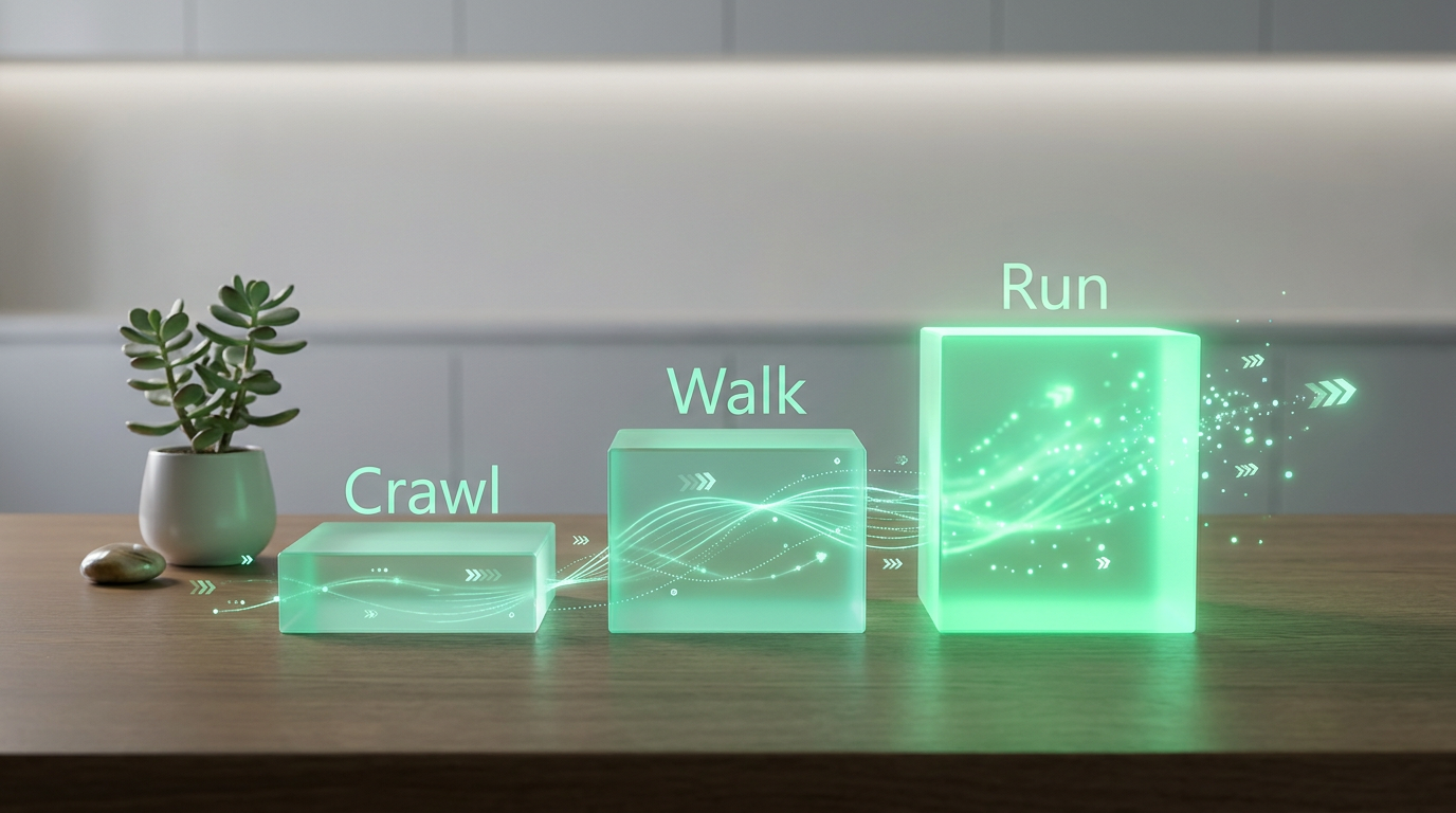 Phased AI implementation plan 'Crawl, Walk, Run' steps with green glow