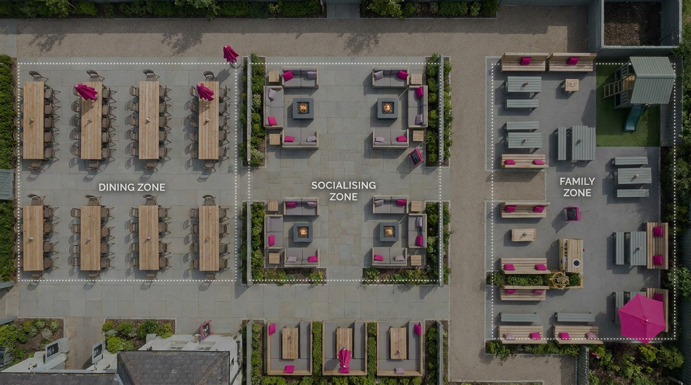Strategic beer garden layout - zoned areas for different activities