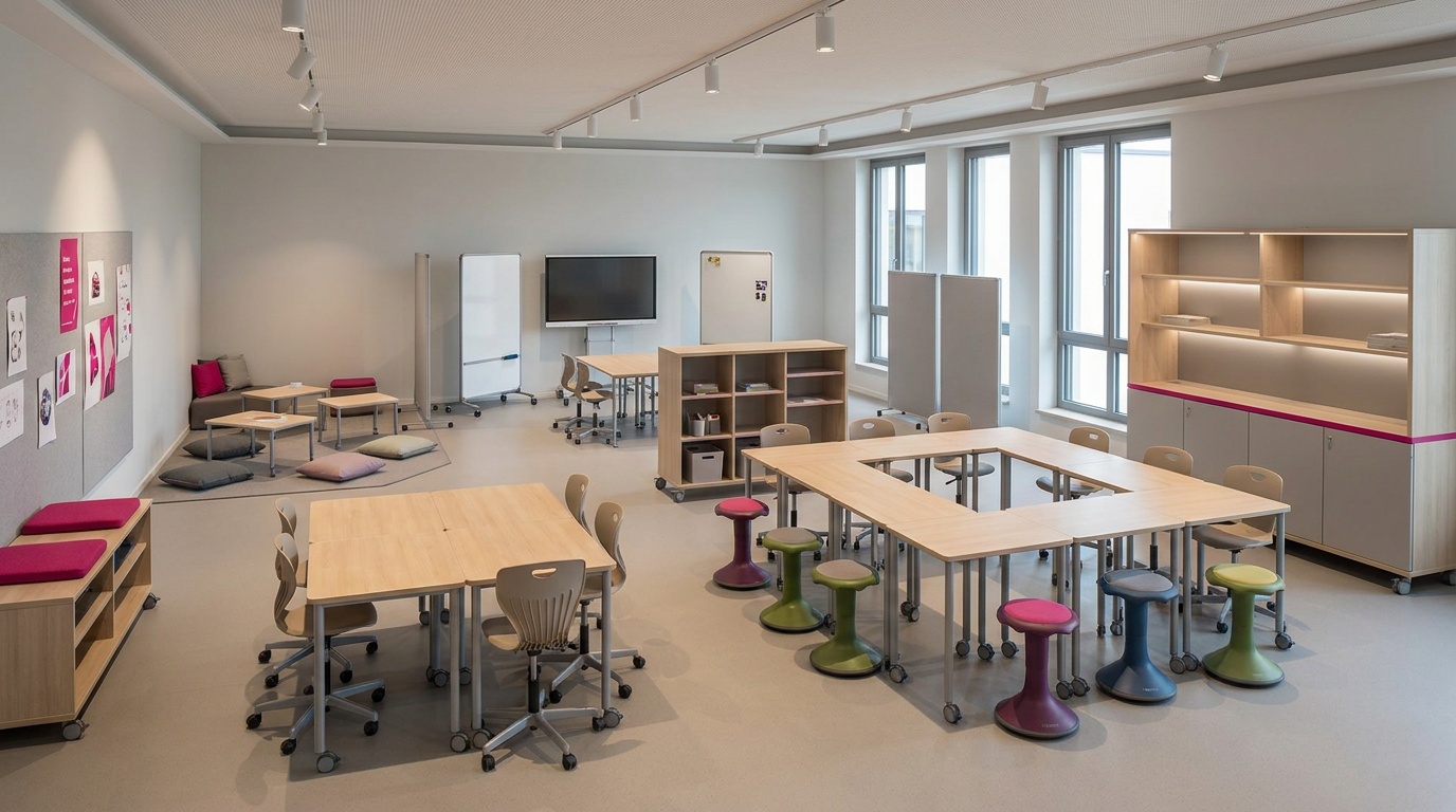 Flexible classroom seating UK with modular tables and mobile units