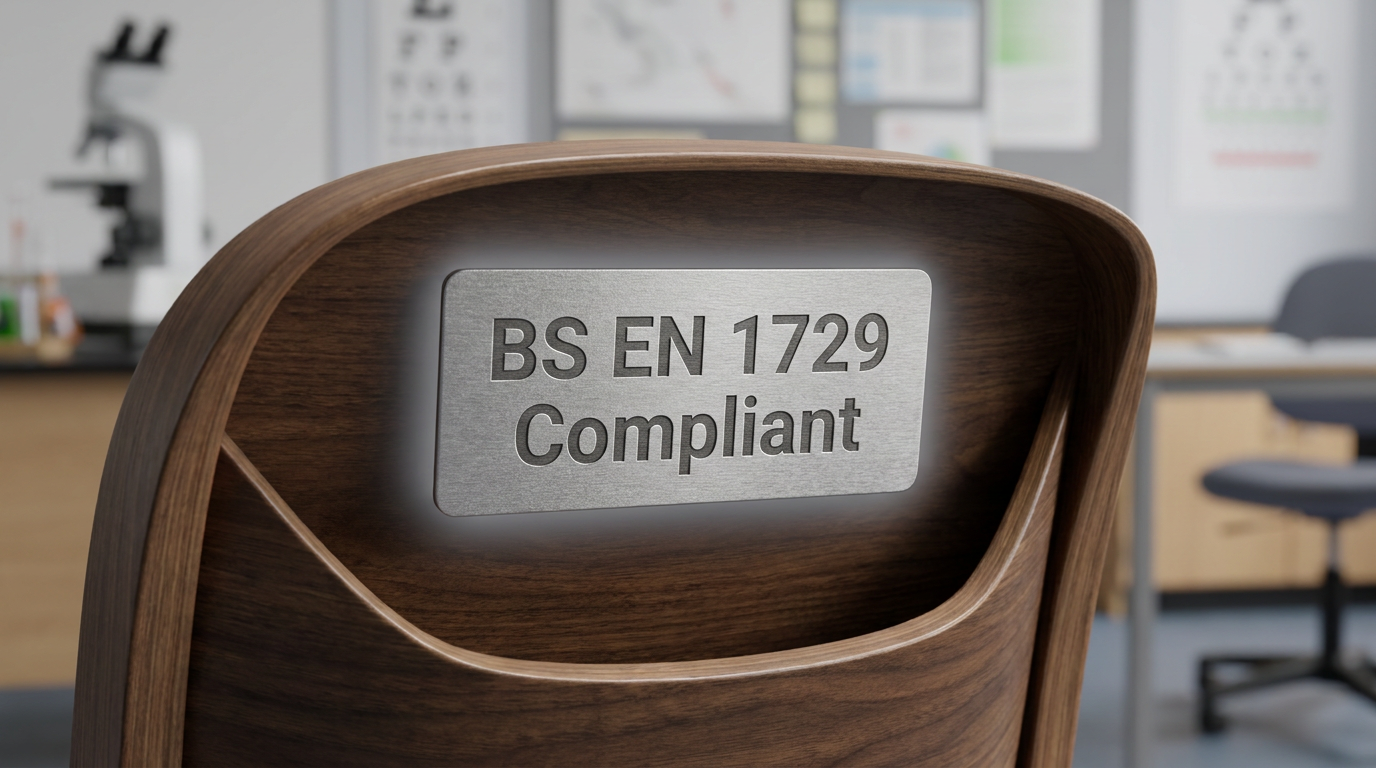 BS EN 1729 compliant ergonomic classroom furniture label close-up