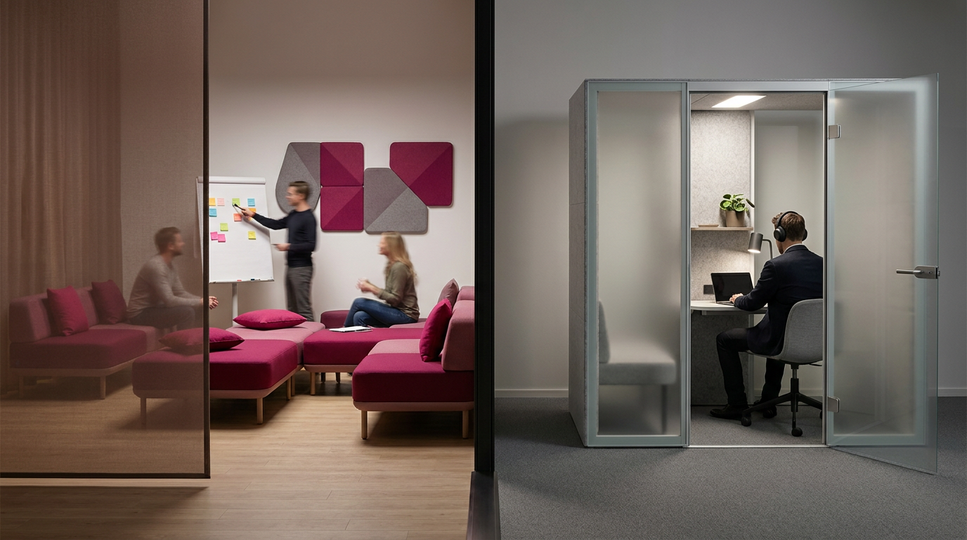 Hybrid office layout - collaborative and quiet zones depicted