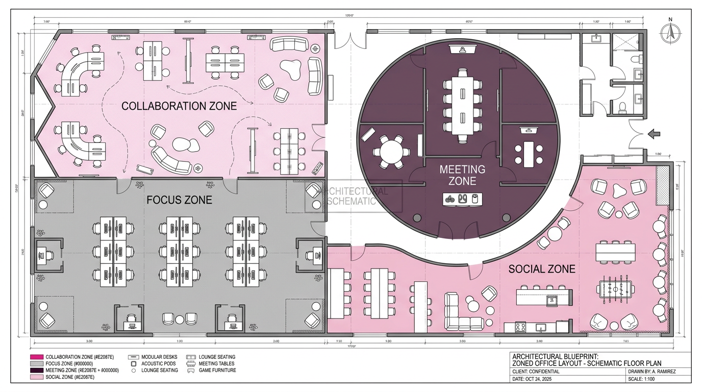 Zoned office layout blueprint - activity based working plan