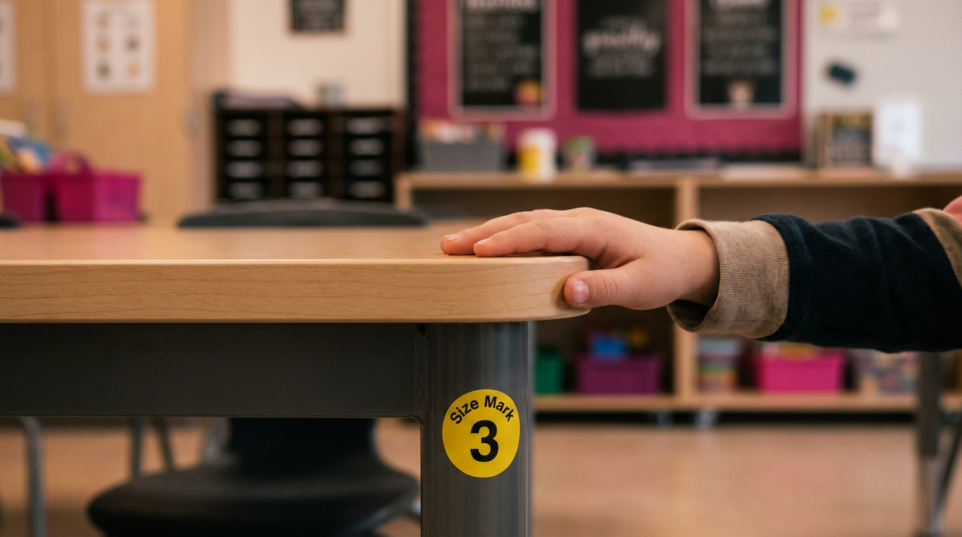 BS EN 1729 standards - child's hand on safe primary school table
