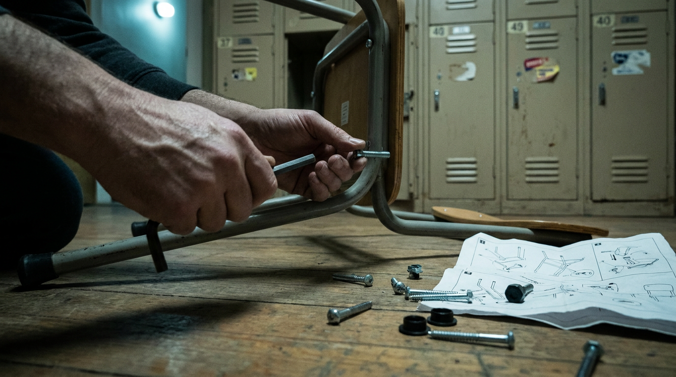 DIY school furniture assembly - close-up of hands struggling with tools