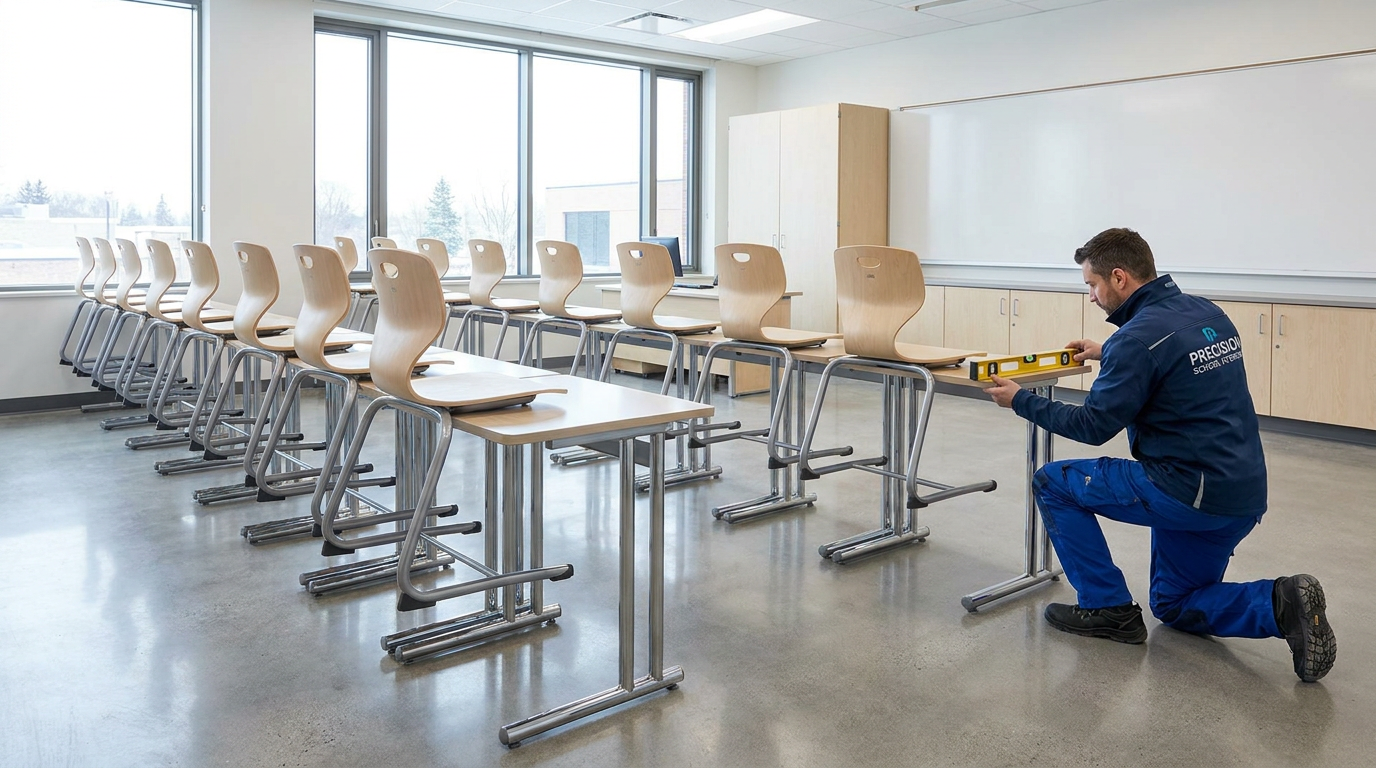 Professional school furniture installation - perfectly aligned desks in a new classroom