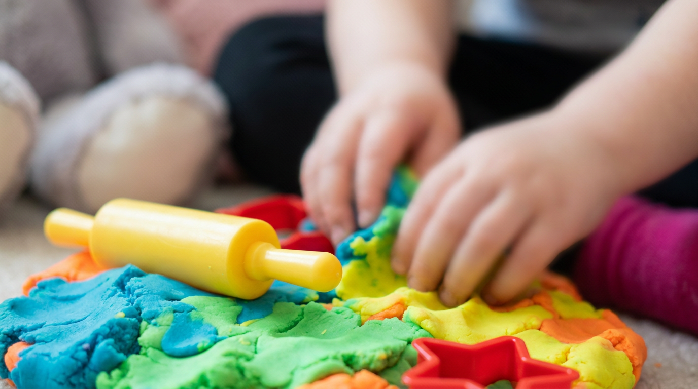 Messy play science - child's hands exploring colourful sensory materials with tools