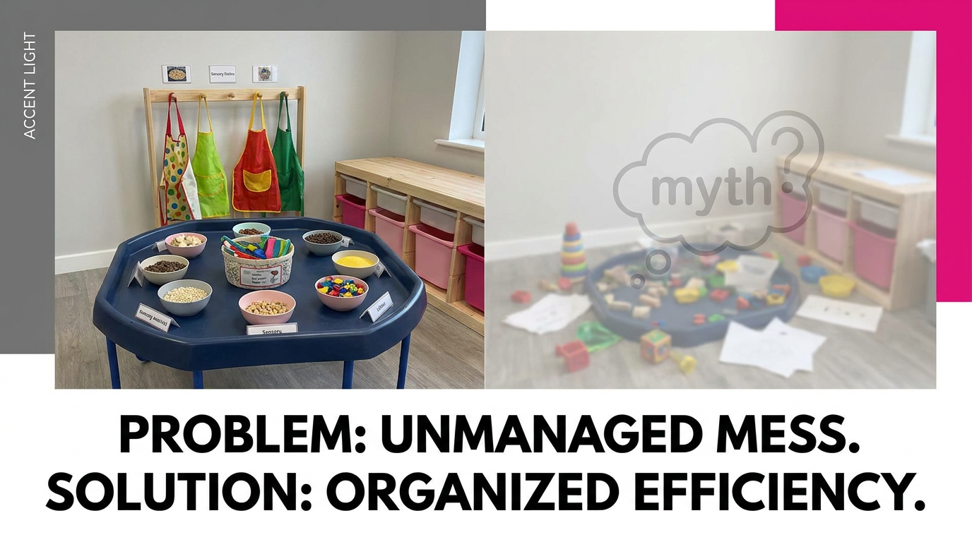 Messy play myths - organised tuff tray contrasting with disorganised play area