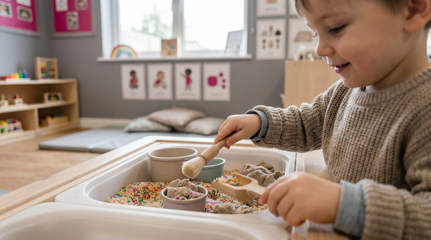 Messy play SEN focus - child using tools to interact with dry sensory materials