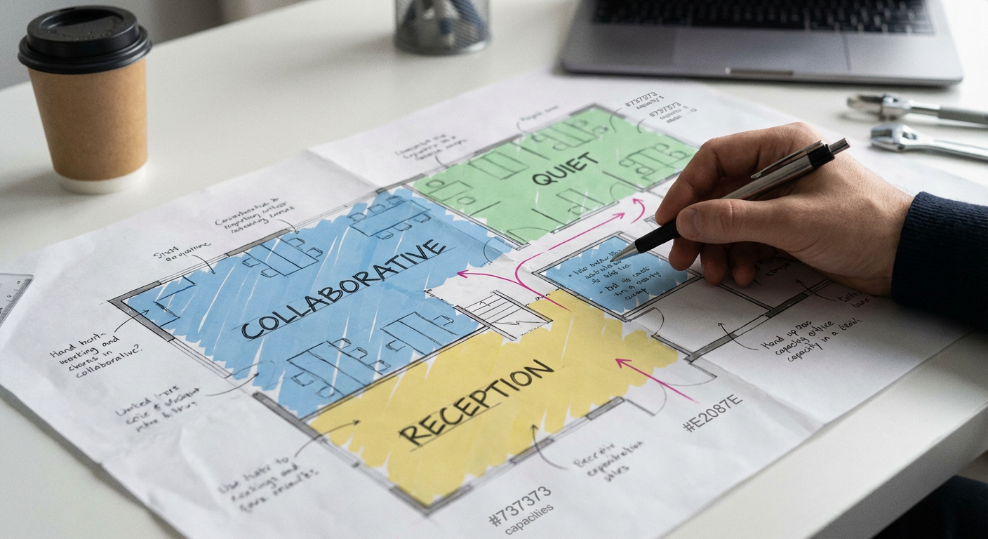 Space and needs analysis - office layout blueprint with functional zones