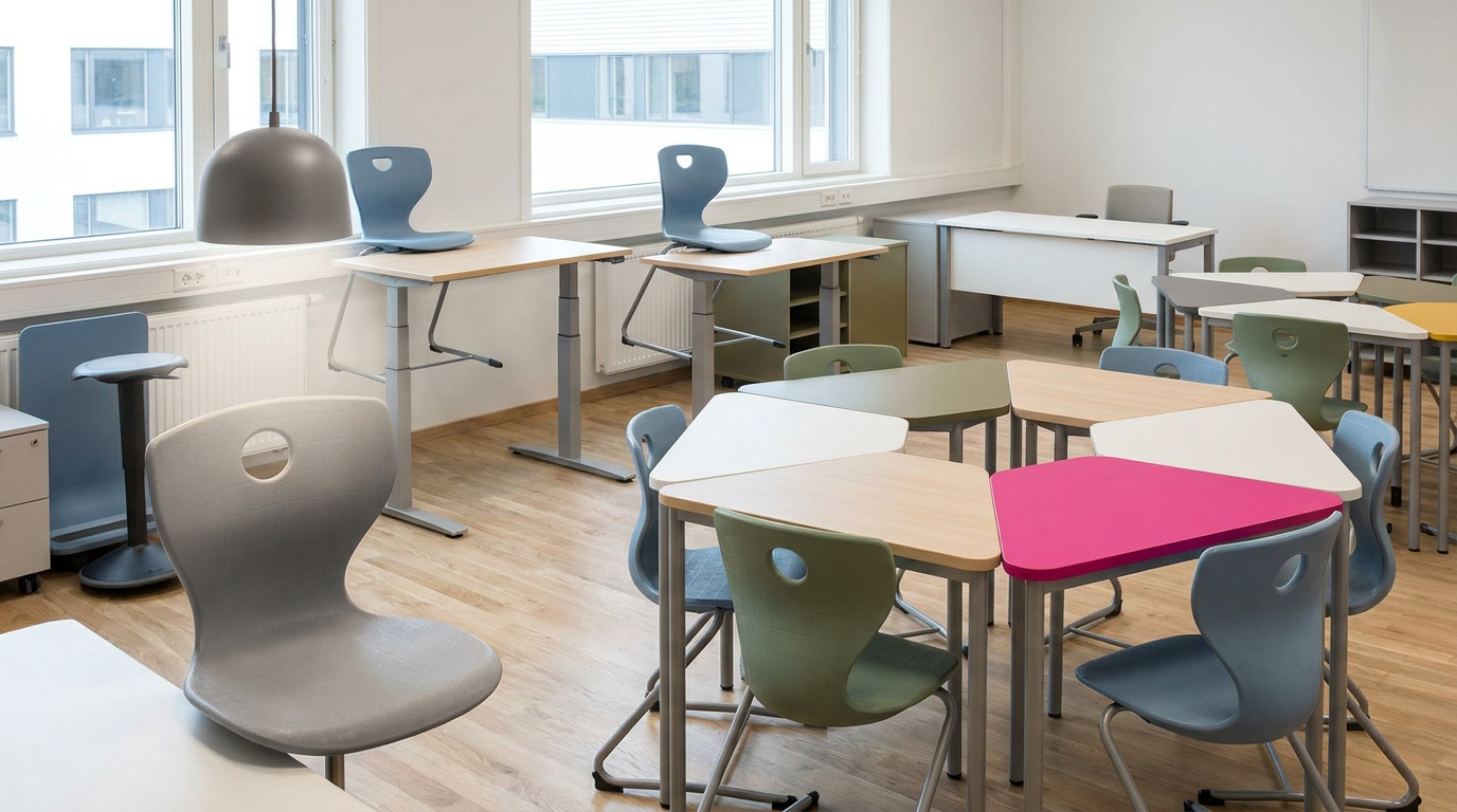 Varied ergonomic school classroom furniture for flexible learning environments