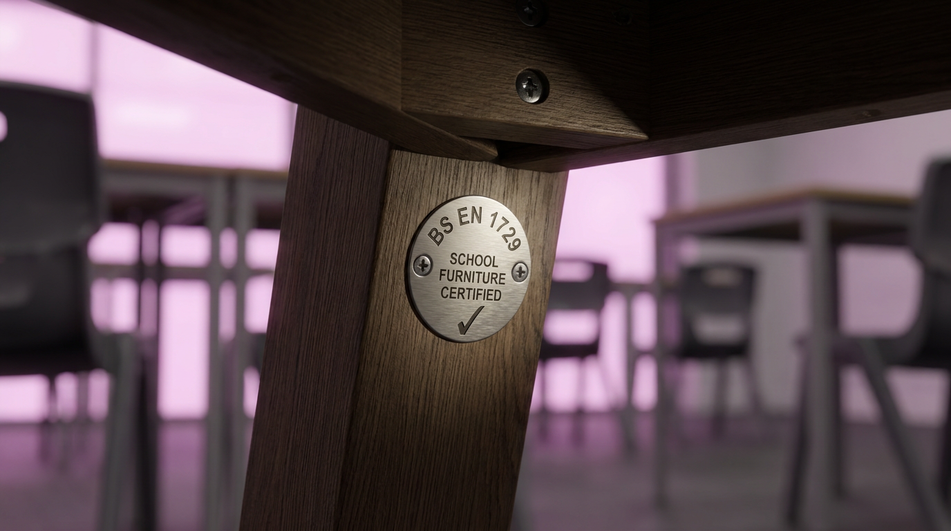 BS EN 1729 certification label on compliant school classroom furniture