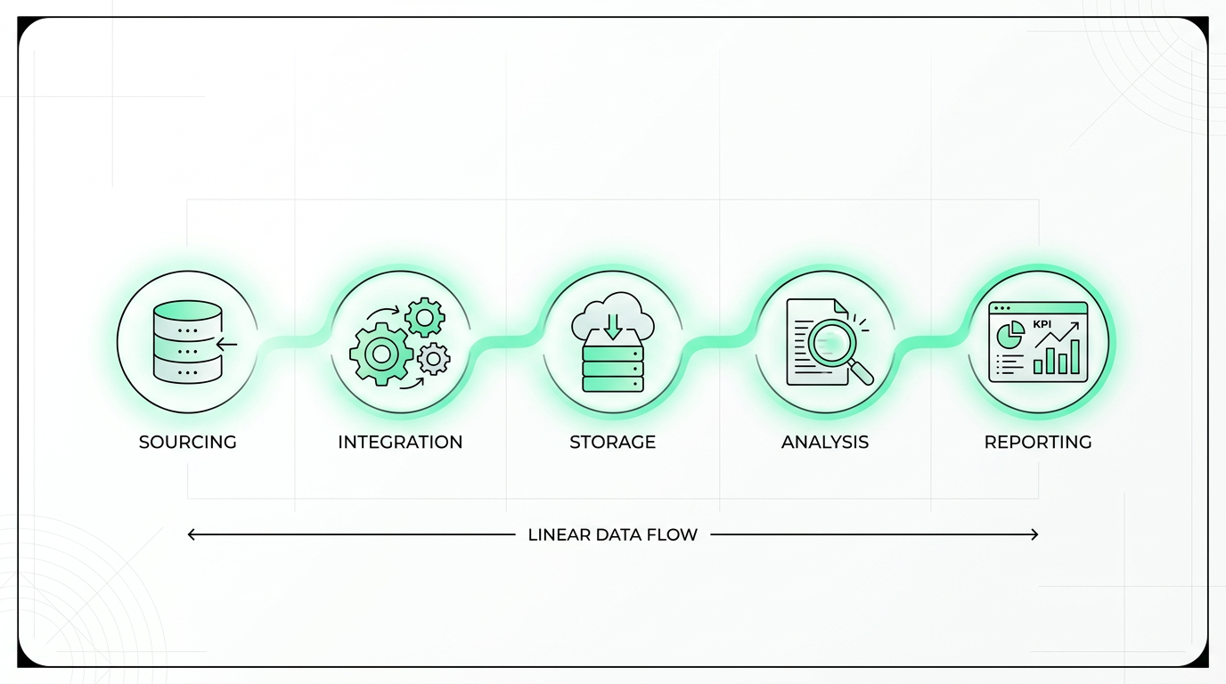 Five stages of business intelligence process: sourcing, integration, storage, analysis, reporting