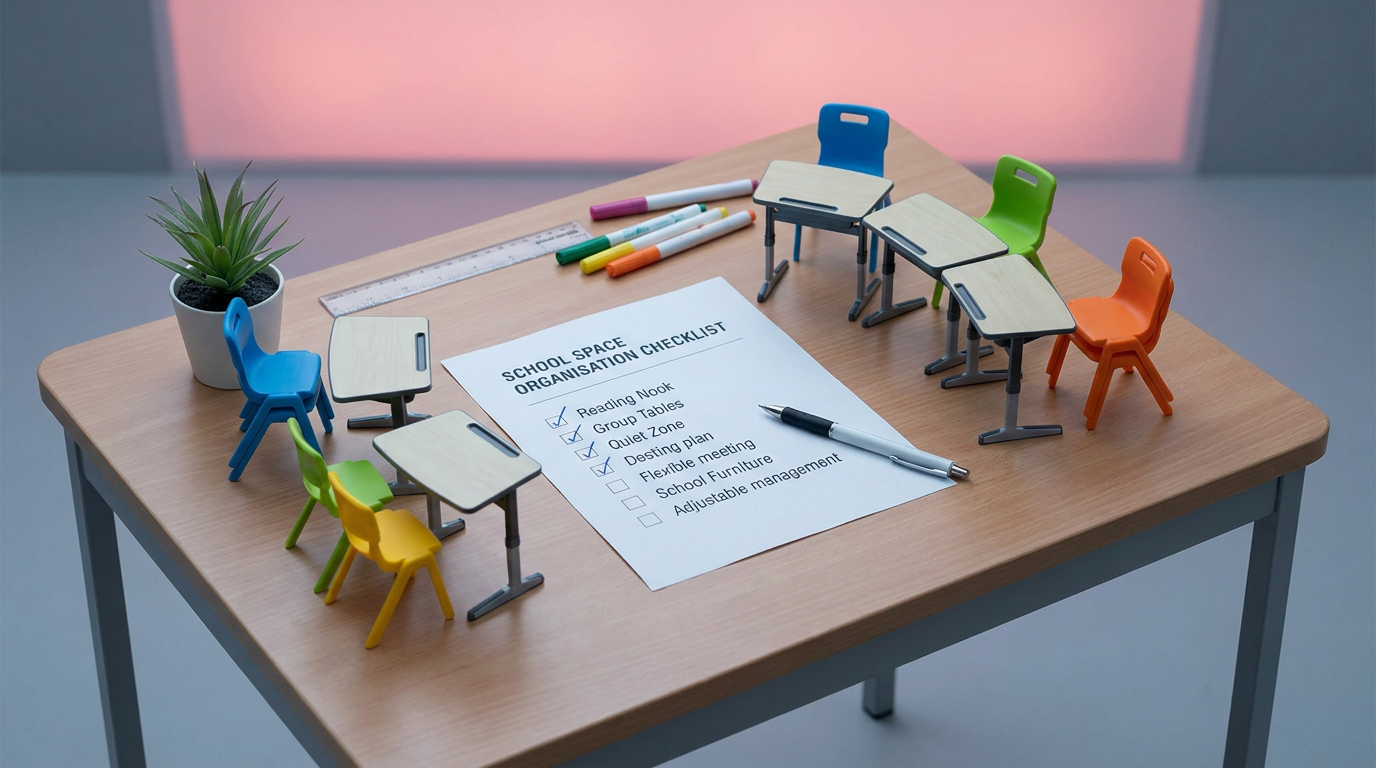 School space organisation checklist with miniature furniture layout