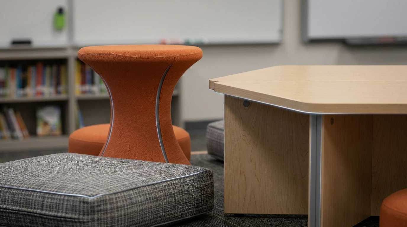 Flexible classroom seating - wobble stool, floor cushion, and modular table