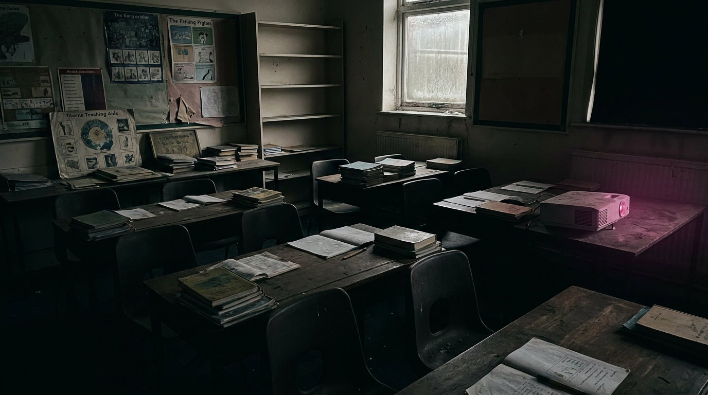 Outdated school furniture - cluttered UK primary classroom before transformation