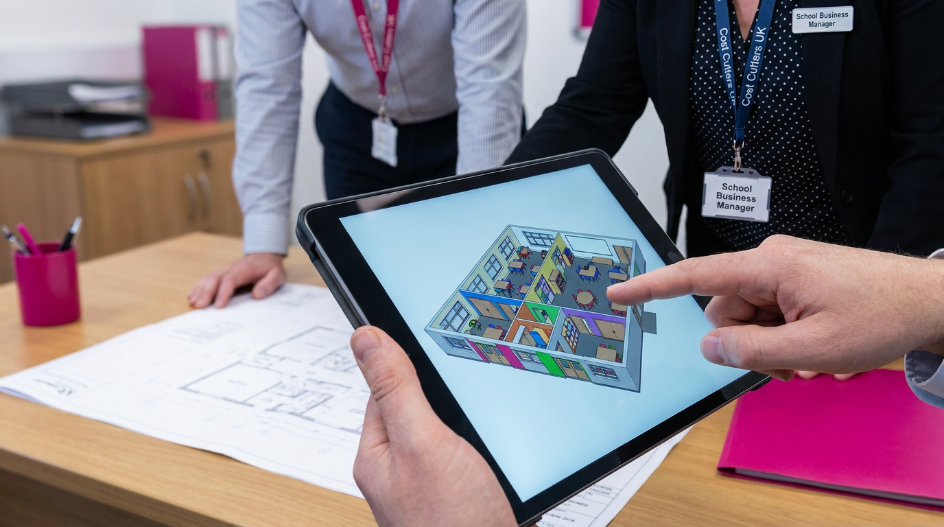 School furniture planning - 3D classroom design on tablet