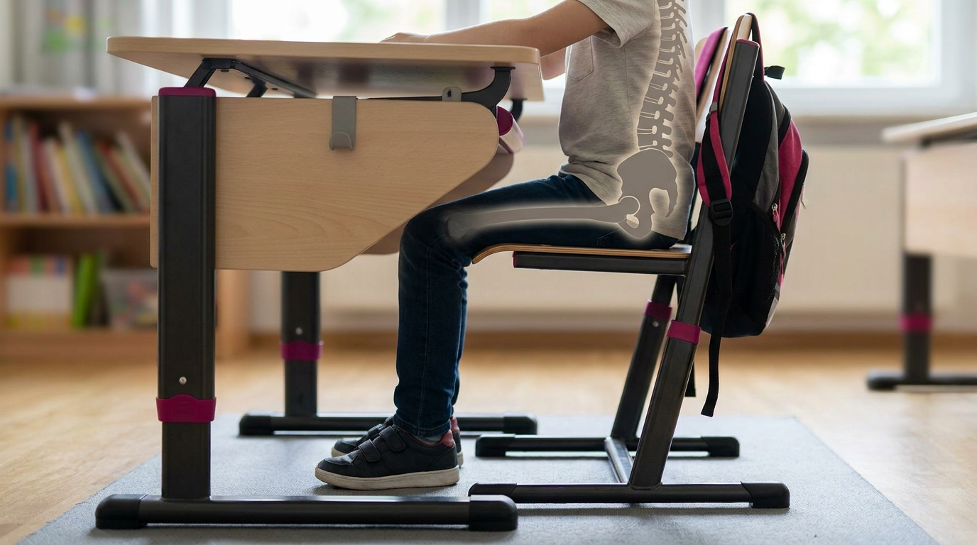 Child demonstrating correct ergonomic posture in school chair