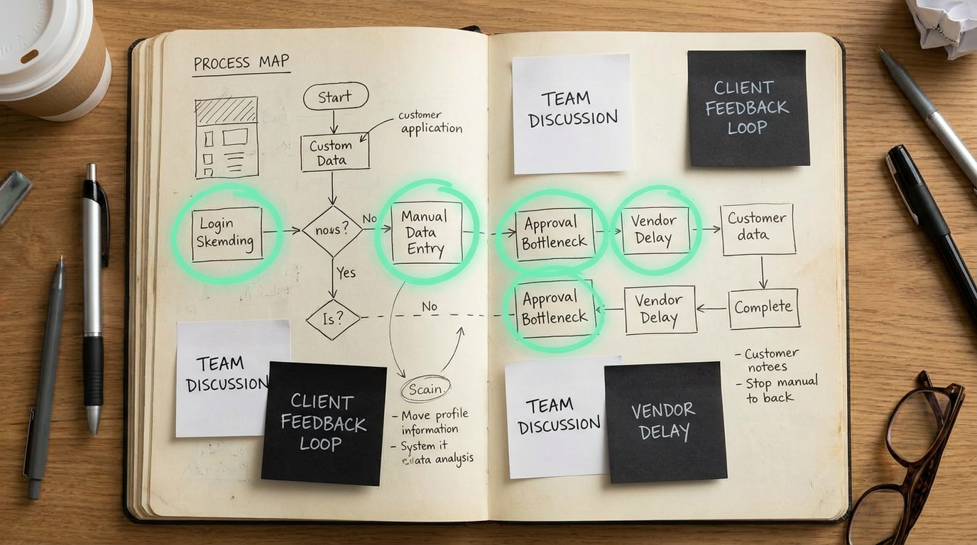 Identifying business problems - process mapping on a whiteboard with AI opportunities