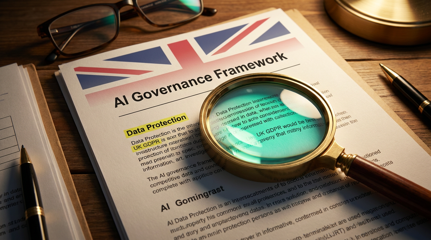 UK AI governance framework - magnifying glass over data protection policy