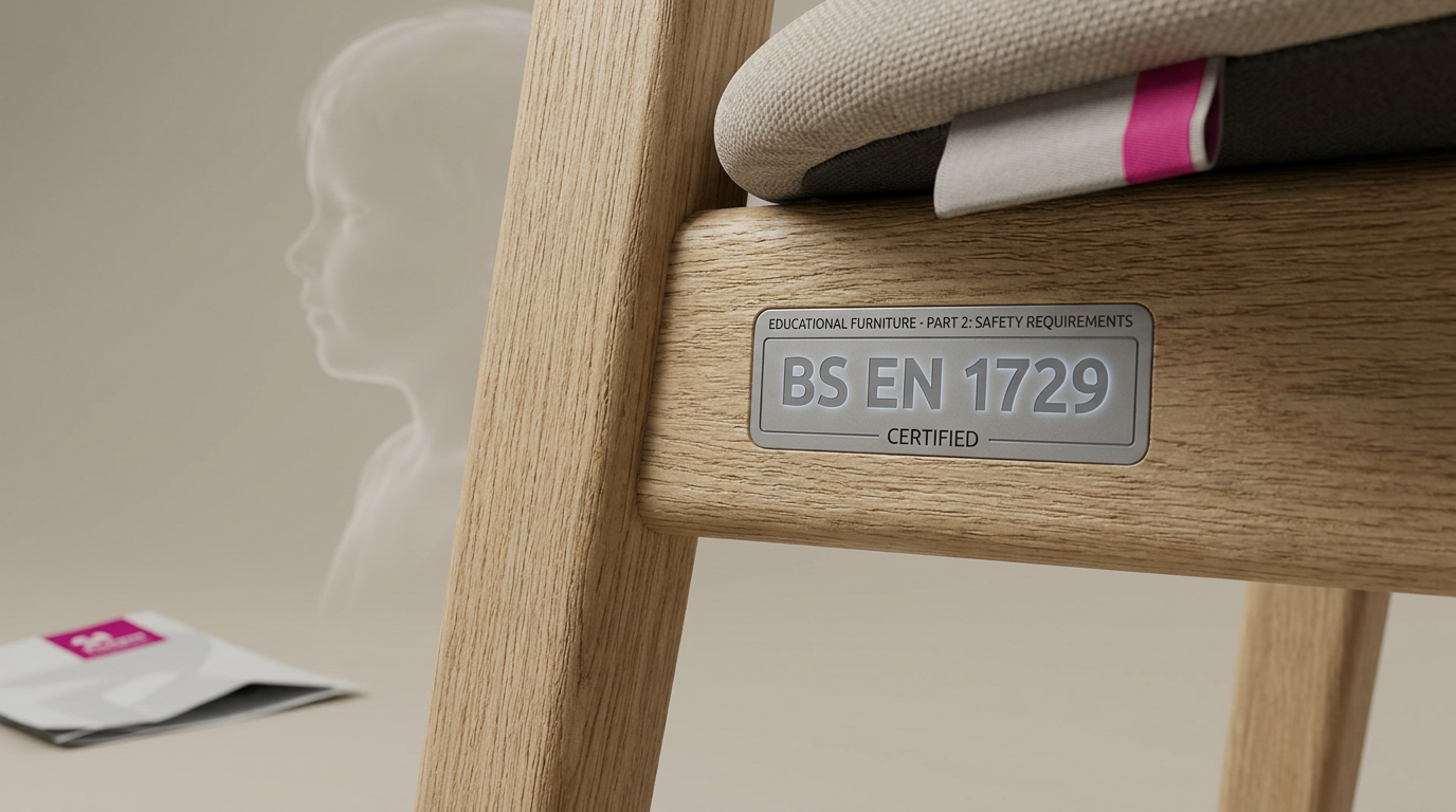 BS EN 1729 certification label on a school chair for safety