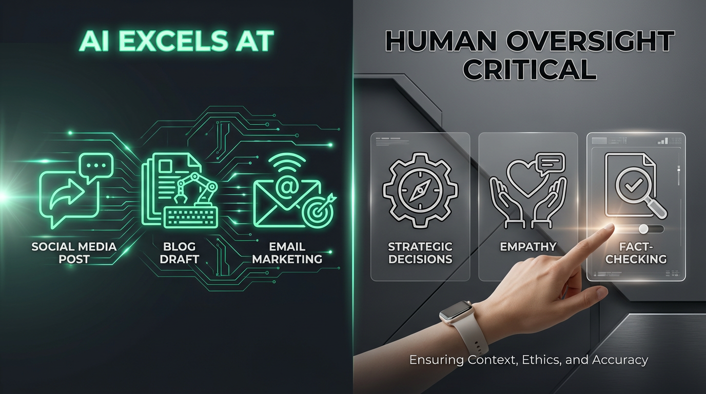 AI content creation capabilities - AI excels vs human oversight
