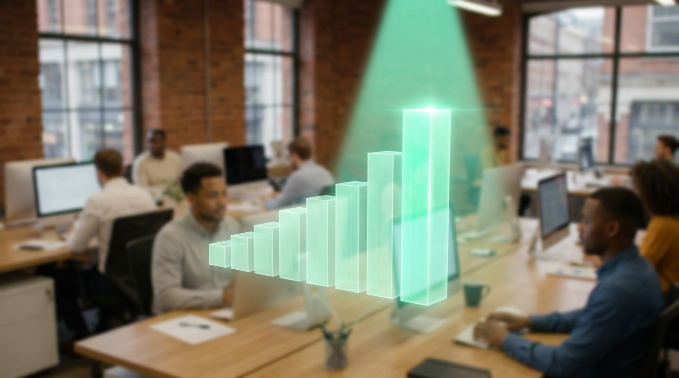 Digital transformation benefits - glowing productivity graph in UK office
