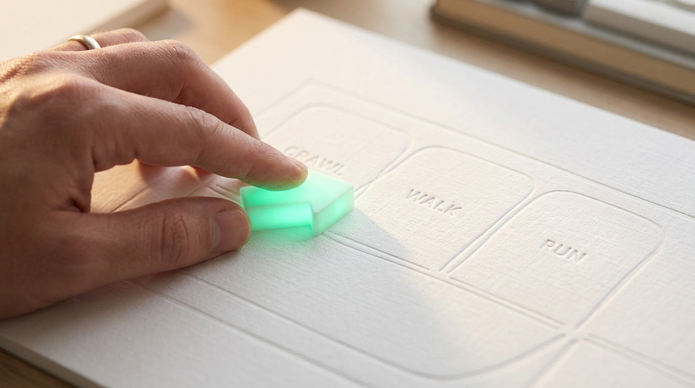 Digital transformation roadmap - hand guiding glowing arrow on plan