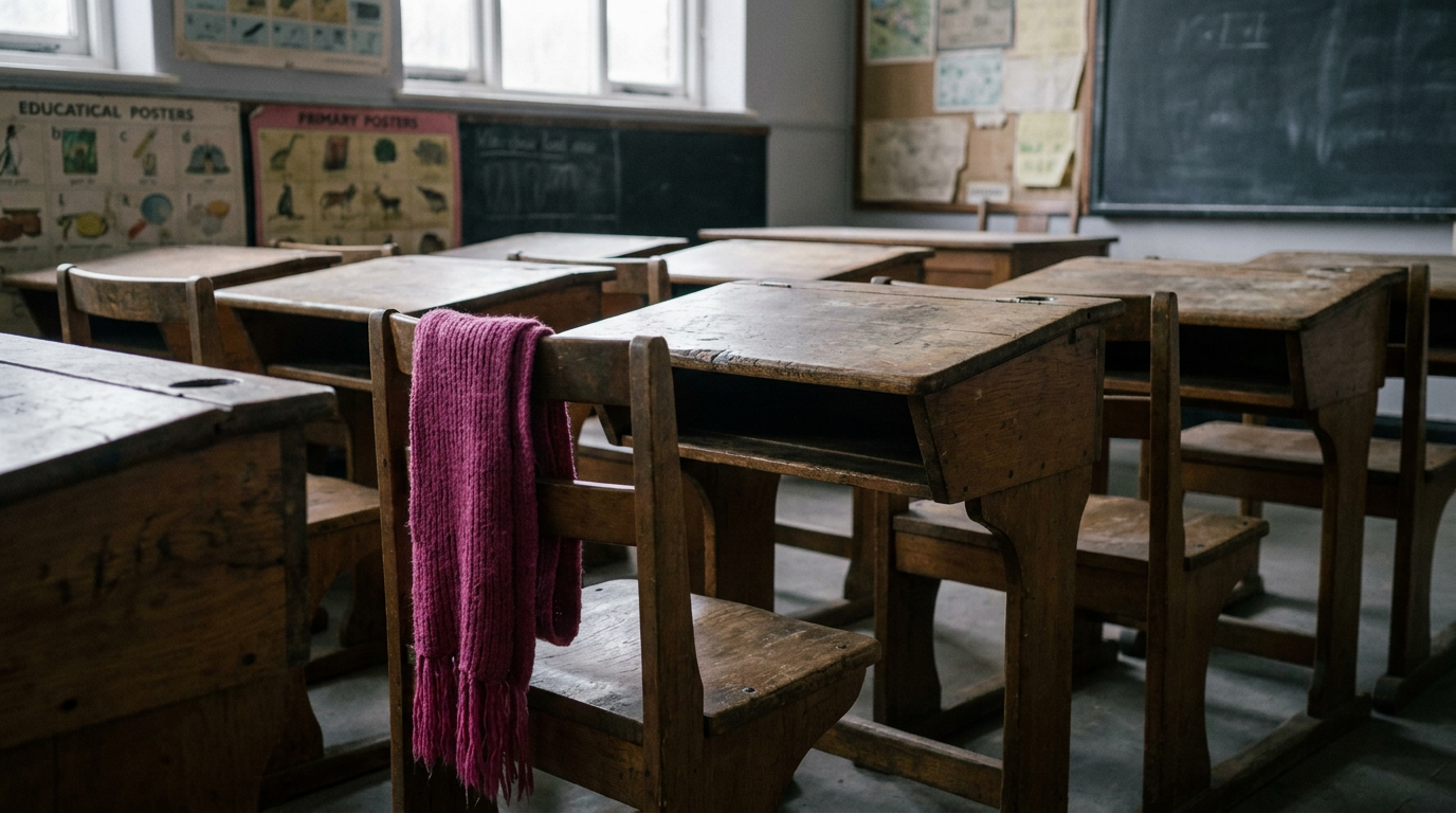 Outdated classroom furniture - rigid wooden desks and chairs