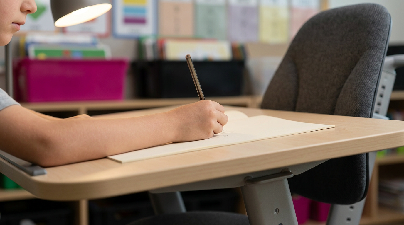 Child writing comfortably at ergonomic school desk, improved posture