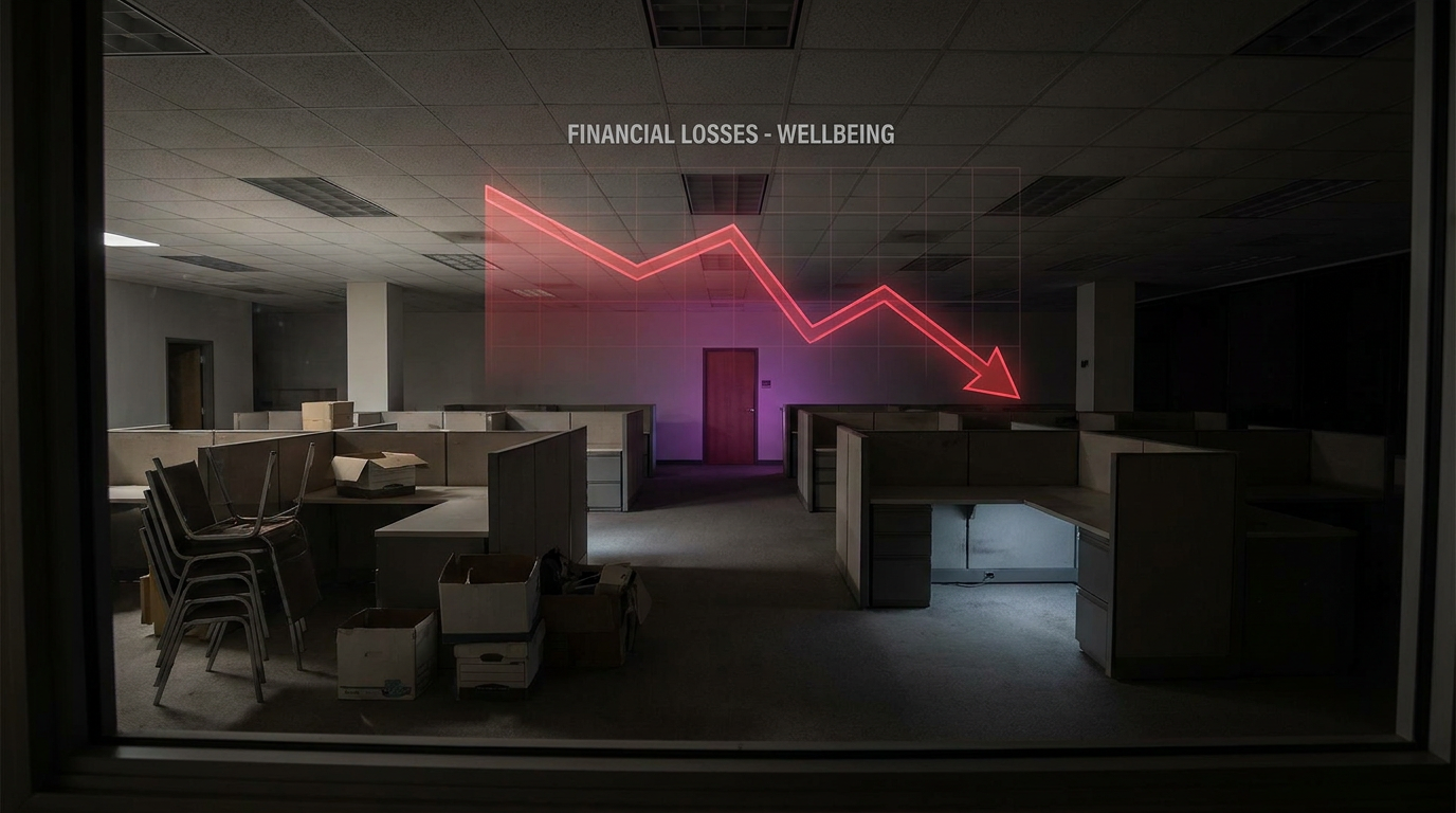 Cost of poor employee wellbeing - outdated office with financial loss graph