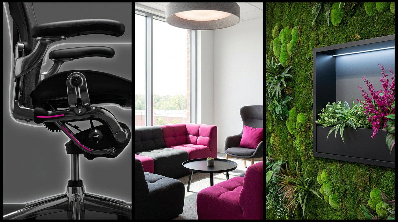 Benefits of ergonomic office furniture - breakout area and biophilic design