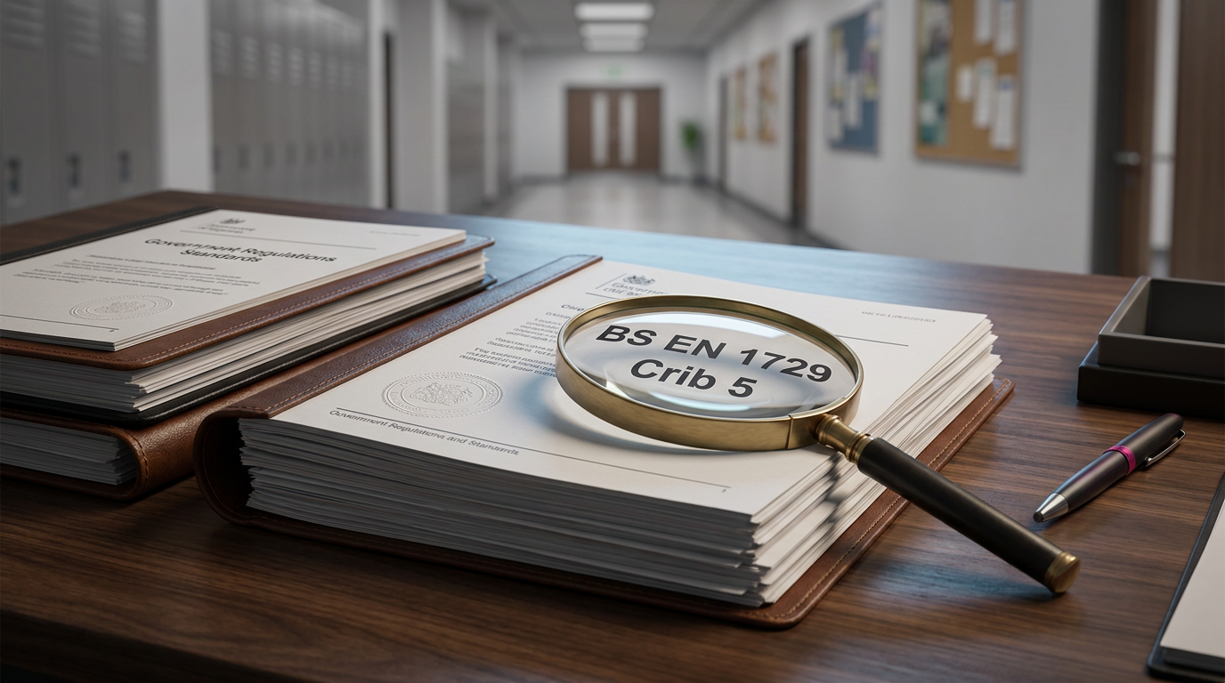 UK school furniture regulations - documents and magnifying glass on desk