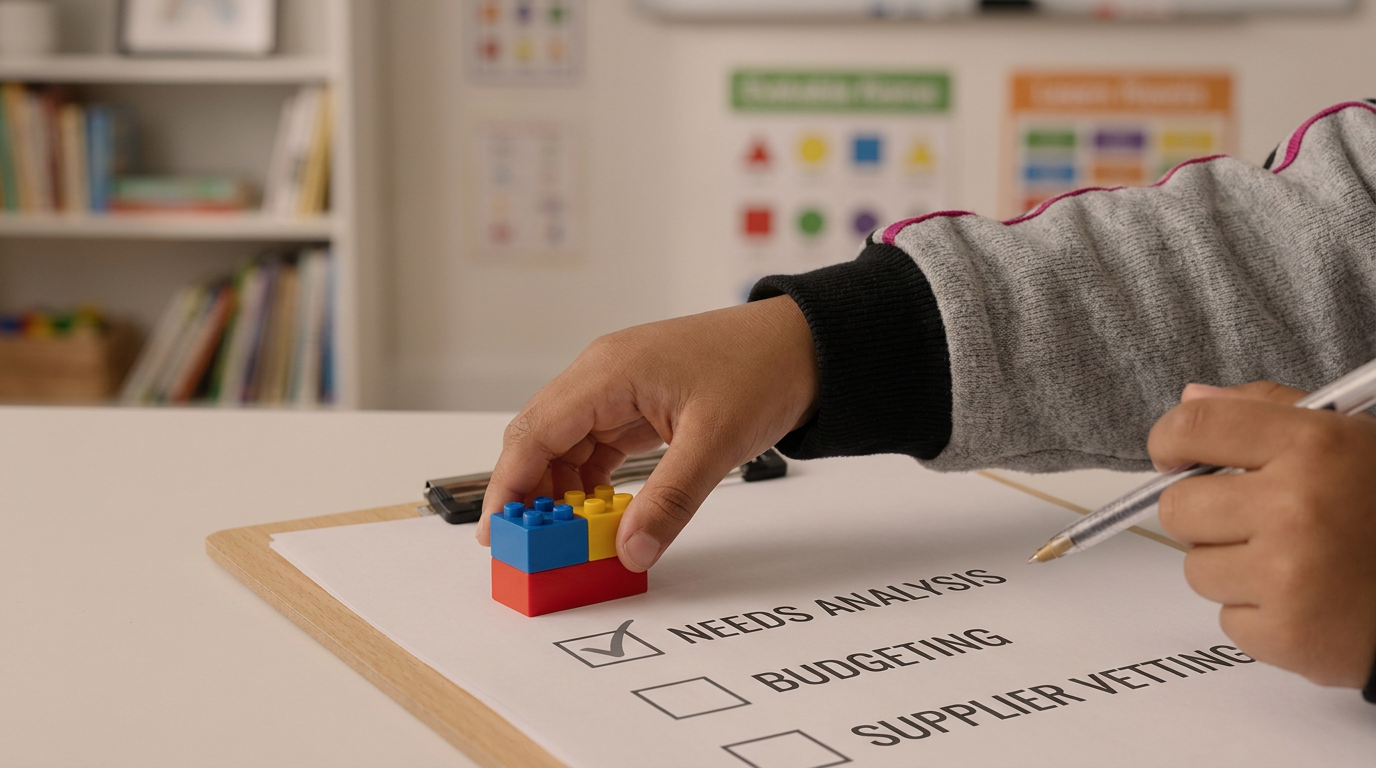 School furniture procurement checklist - child's hand next to clipboard