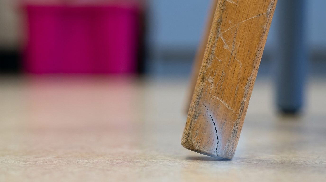 Visible damage on school chair leg, requiring replacement