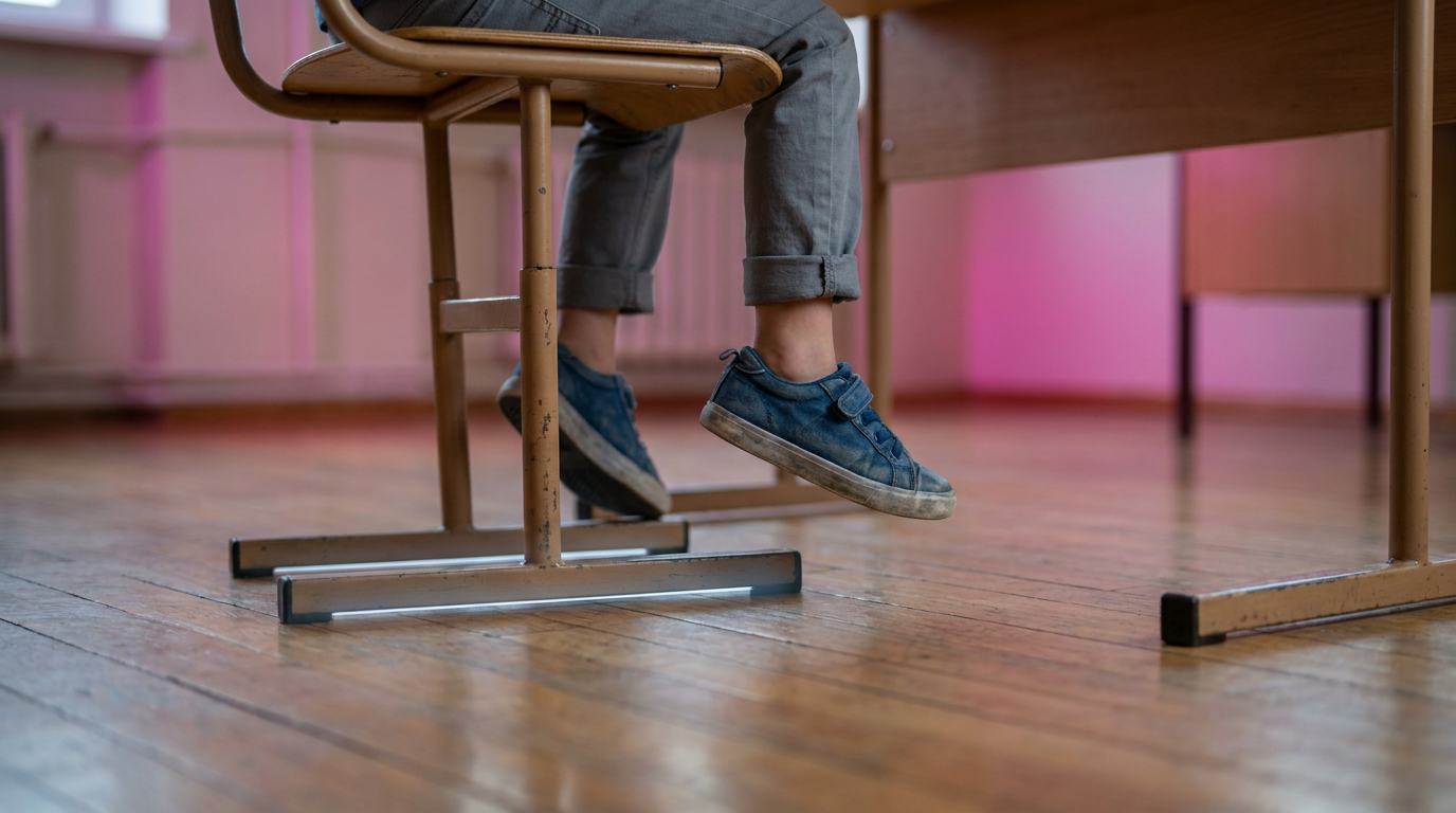 Child's feet dangling from school chair due to poor ergonomics