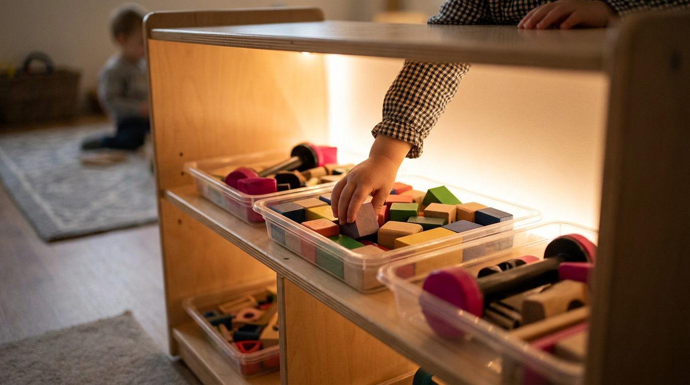 EYFS framework storage - child selecting toy from accessible shelf