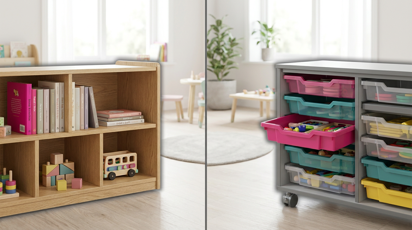 Nursery storage ideas UK - low shelving and mobile tray units