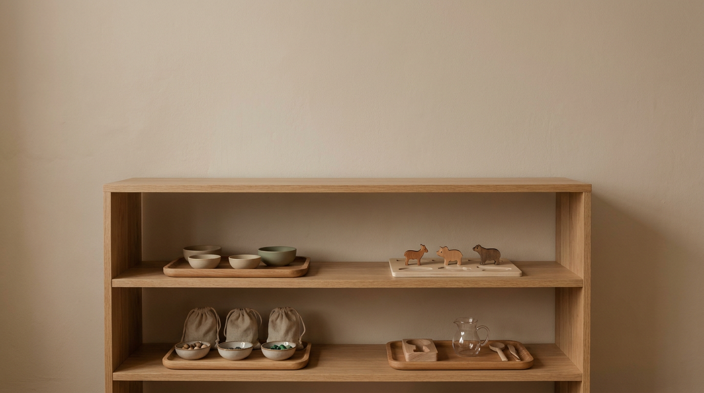 Montessori storage solutions - organised wooden shelves with learning trays