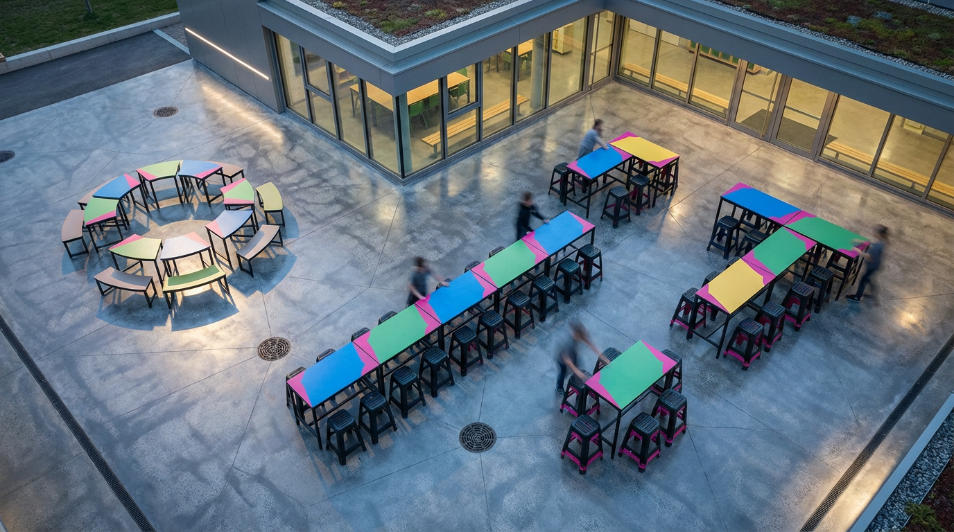 Modular outdoor school furniture reconfigured for dynamic learning
