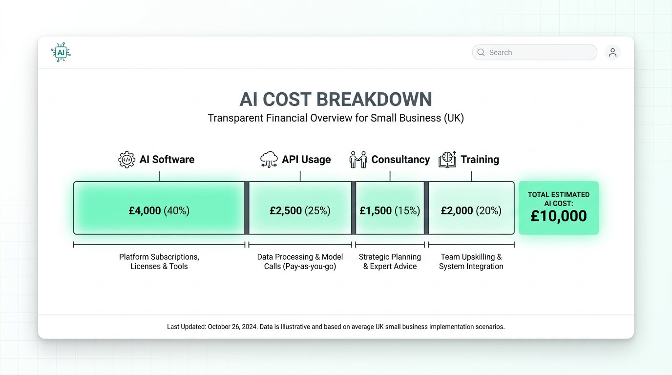AI cost for small business - UK AI cost breakdown chart with mint green highlights