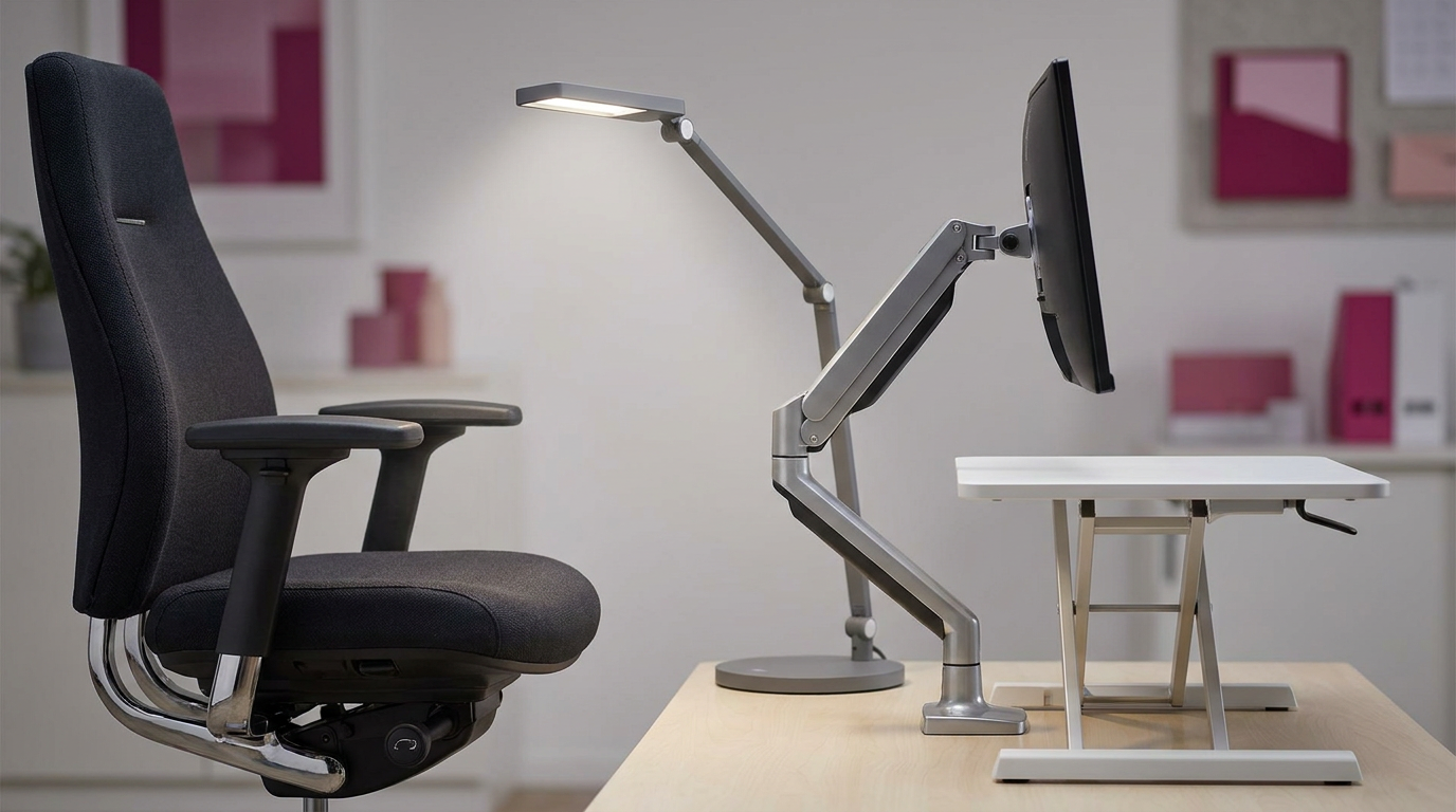 Ergonomic toolkit with adjustable chair, monitor arm, and standing desk