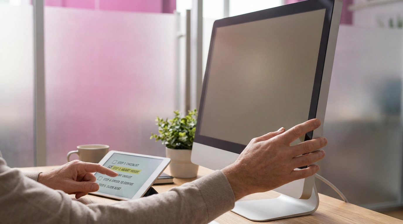 Hands following a checklist to set up an ergonomic workspace
