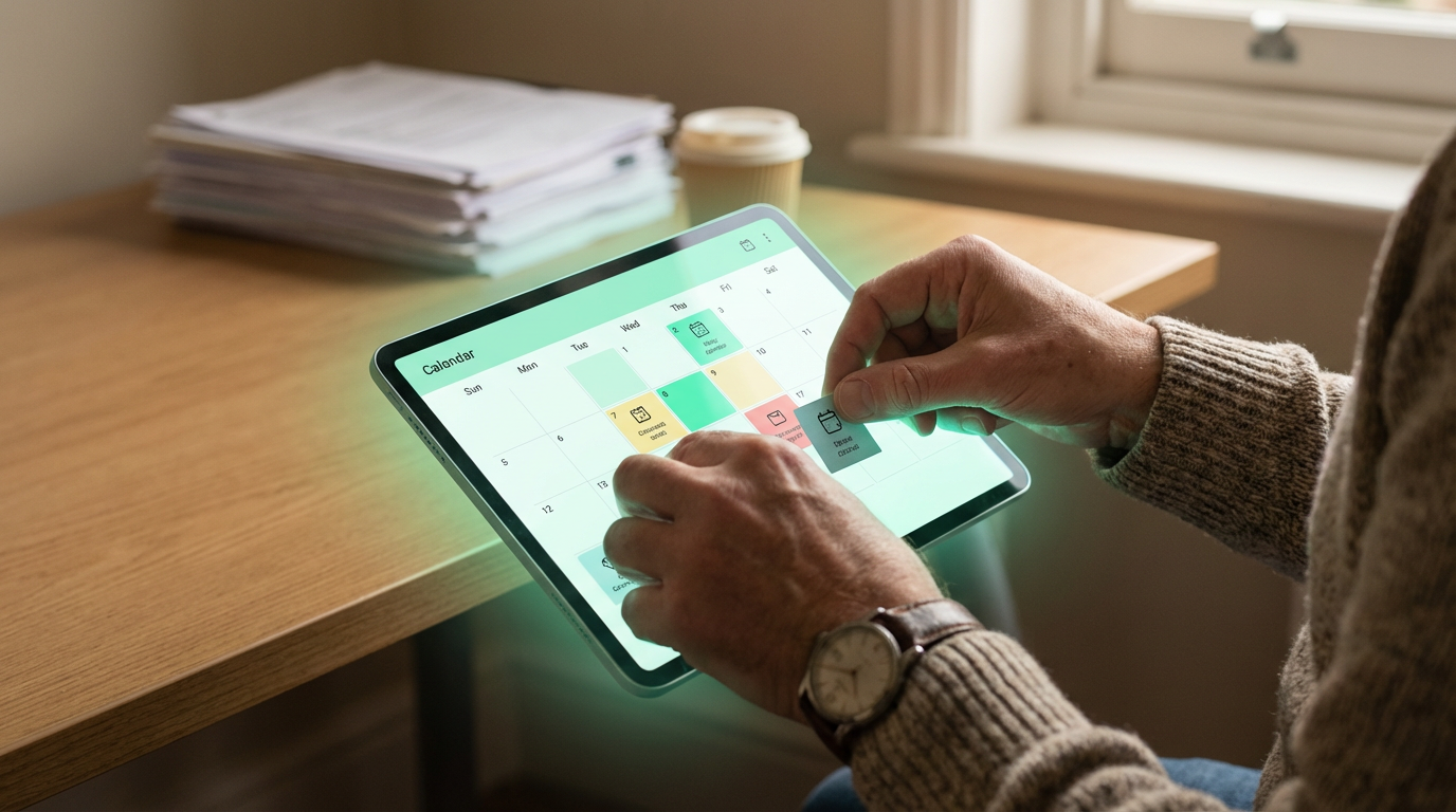 Hands manually scheduling social media posts with a clear interface