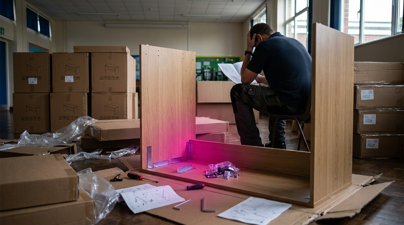 DIY classroom furniture setup - partially assembled desk with staff struggling