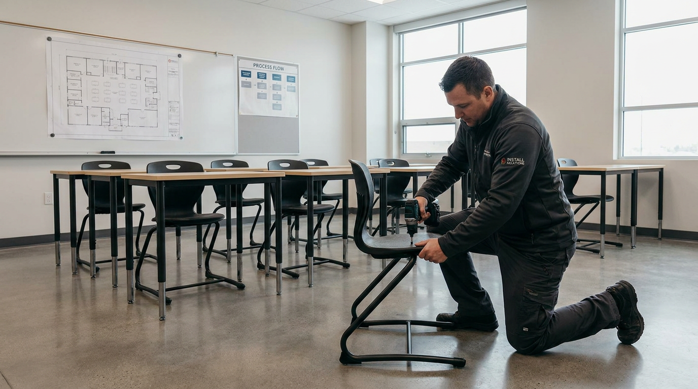 Professional school furniture installers efficiently assembling chairs in a classroom