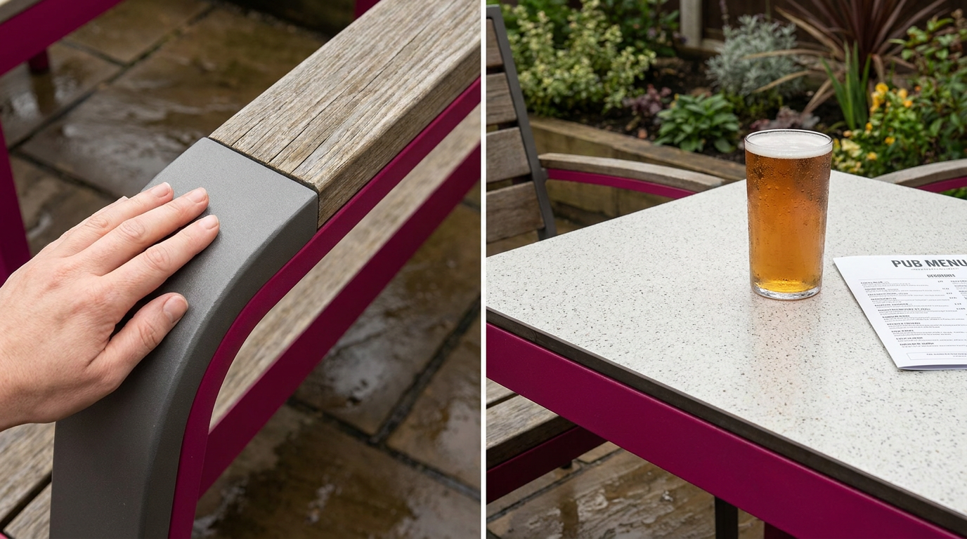 Commercial-grade pub garden furniture materials close-up