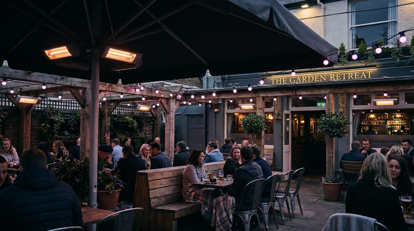 All-weather pub garden with heating and ambient lighting