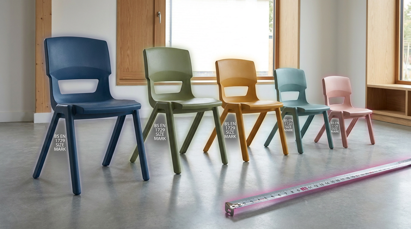 Ergonomic classroom chairs - demonstrating BS EN 1729 size standards